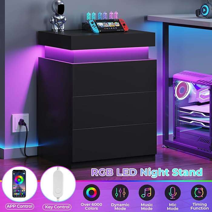 BTHFST LED Nightstands Set of 2,Night Stands for Bedroom Set of 2,Nightstand with Charging Station and Sliding Top,Bedside Table with Power Outlets & Drawers,Modern End Side Table (Black) - Image 4