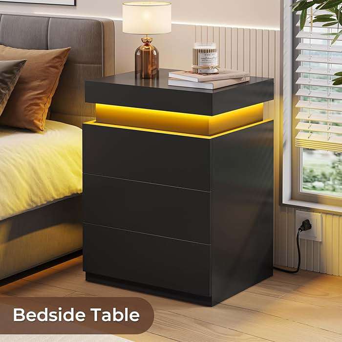 BTHFST LED Nightstands Set of 2,Night Stands for Bedroom Set of 2,Nightstand with Charging Station and Sliding Top,Bedside Table with Power Outlets & Drawers,Modern End Side Table (Black) - Image 5