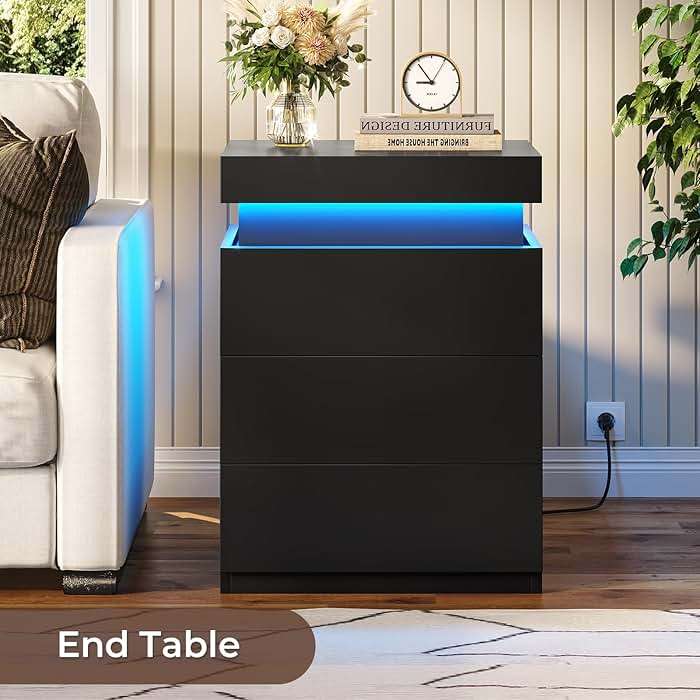 BTHFST LED Nightstands Set of 2,Night Stands for Bedroom Set of 2,Nightstand with Charging Station and Sliding Top,Bedside Table with Power Outlets & Drawers,Modern End Side Table (Black) - Image 7