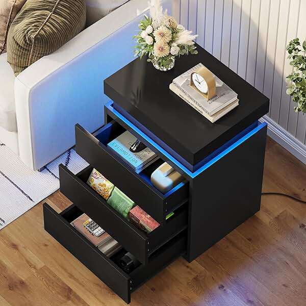 BTHFST LED Nightstands Set of 2,Night Stands for Bedroom Set of 2,Nightstand with Charging Station and Sliding Top,Bedside Table with Power Outlets & Drawers,Modern End Side Table (Black) - Image 8