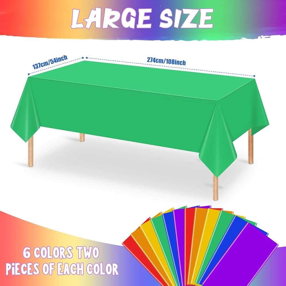 12 Pack Assorted Color Rectangle Plastic Tablecloth Disposable Rainbow Tablecloth Colorful Rectangle Table Covers for Birthday Wedding Fiesta Picnic Home Party Decorations, 6 Color, 54 x 108 Inch - Image 3