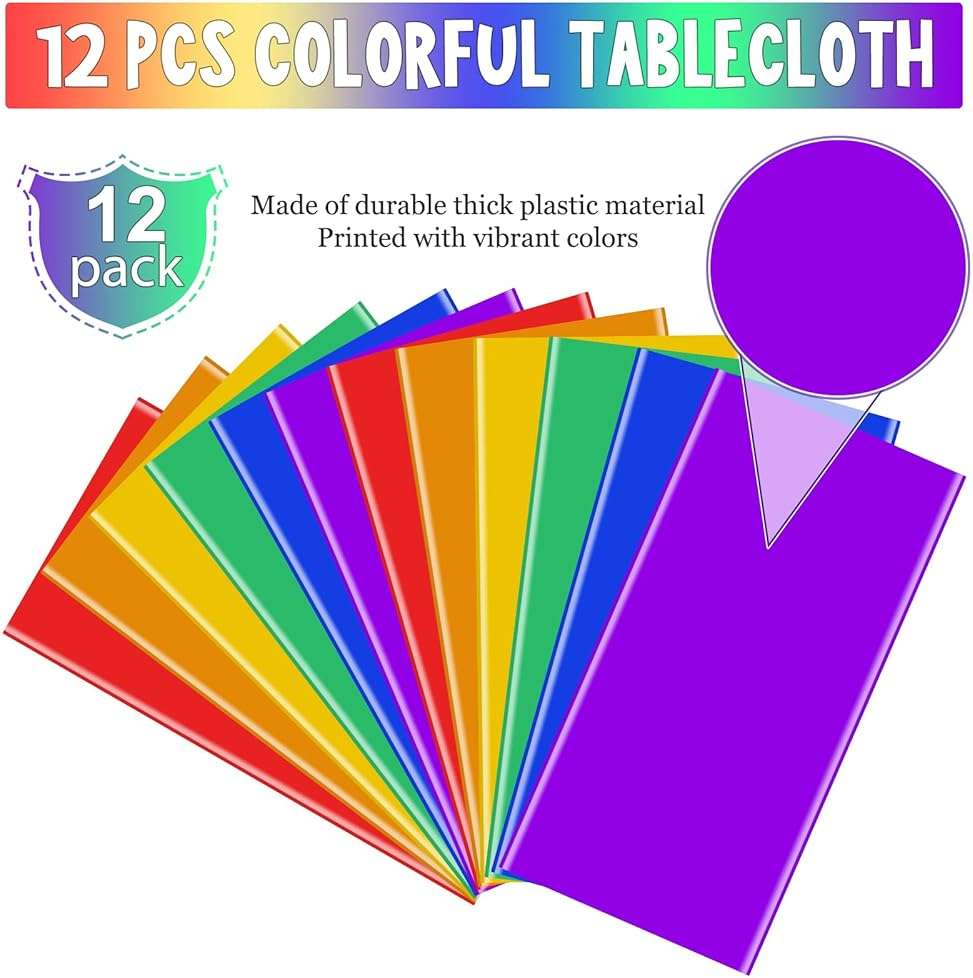 12 Pack Assorted Color Rectangle Plastic Tablecloth Disposable Rainbow Tablecloth Colorful Rectangle Table Covers for Birthday Wedding Fiesta Picnic Home Party Decorations, 6 Color, 54 x 108 Inch - Image 5