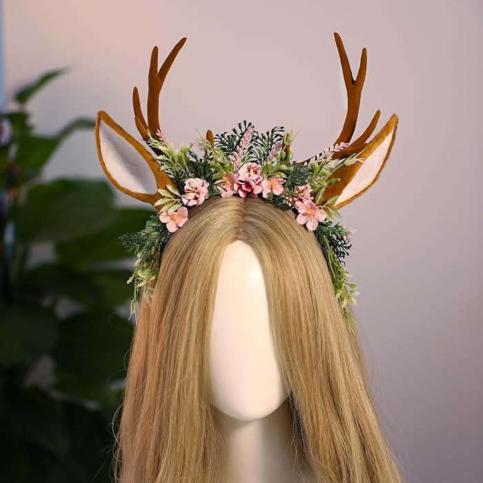 MOSTORY Handmade Antler Headband Brown - Adjustable Reindeer Horns Crown with Ears Fairy Flower Woodland Headpiece for Renaissance Christmas Cosplay Prom Fae Ball Costume Photo Prop - Image 5