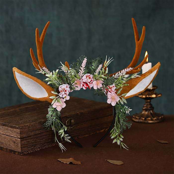 MOSTORY Handmade Antler Headband Brown - Adjustable Reindeer Horns Crown with Ears Fairy Flower Woodland Headpiece for Renaissance Christmas Cosplay Prom Fae Ball Costume Photo Prop - Image 6