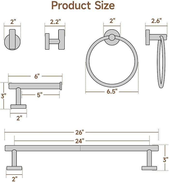 USHOWER Brushed Nickel Bathroom Hardware Set, Modern 24-Inch Towel Bar Set Wall Mounted, Durable SUS304 Stainless Steel Bathroom Accessories Set, 4-Piece - Image 3