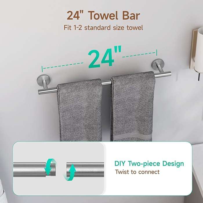 USHOWER Brushed Nickel Bathroom Hardware Set, Modern 24-Inch Towel Bar Set Wall Mounted, Durable SUS304 Stainless Steel Bathroom Accessories Set, 4-Piece - Image 5