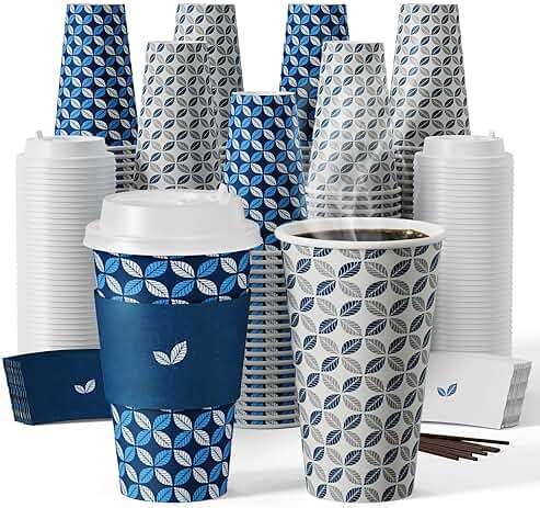 JOLLY CHEF 16 oz Coffee Cups with Lids 100 Pack, Disposable Hot Paper Coffee Cups with Lids, Sleeves and Stirrers for Christmas, Thanksgiving, Party - Image 1