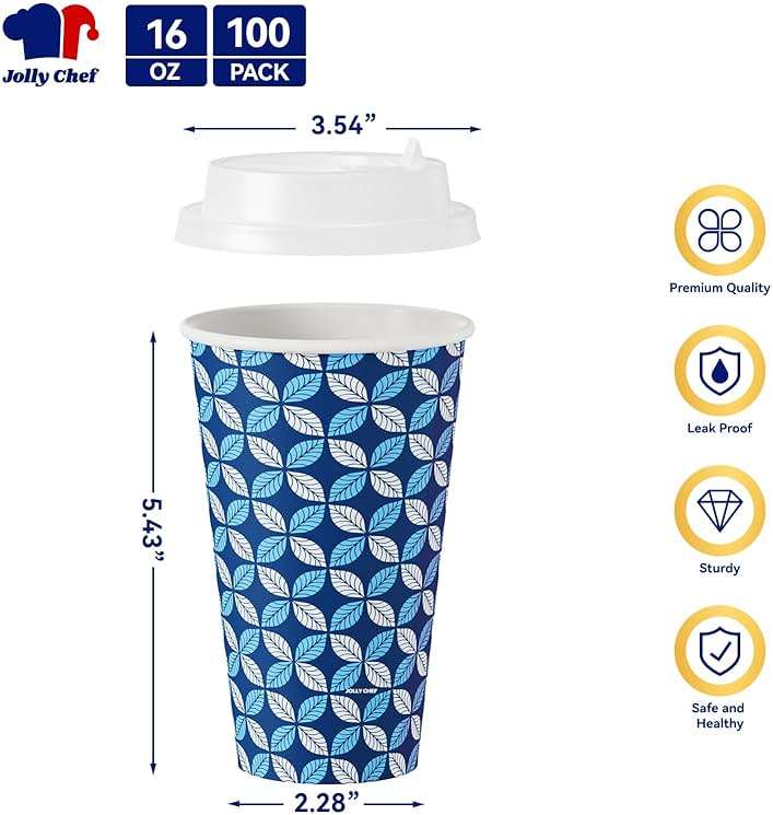 JOLLY CHEF 16 oz Coffee Cups with Lids 100 Pack, Disposable Hot Paper Coffee Cups with Lids, Sleeves and Stirrers for Christmas, Thanksgiving, Party - Image 3