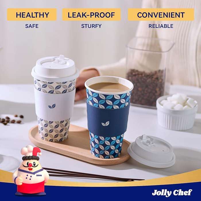 JOLLY CHEF 16 oz Coffee Cups with Lids 100 Pack, Disposable Hot Paper Coffee Cups with Lids, Sleeves and Stirrers for Christmas, Thanksgiving, Party - Image 5