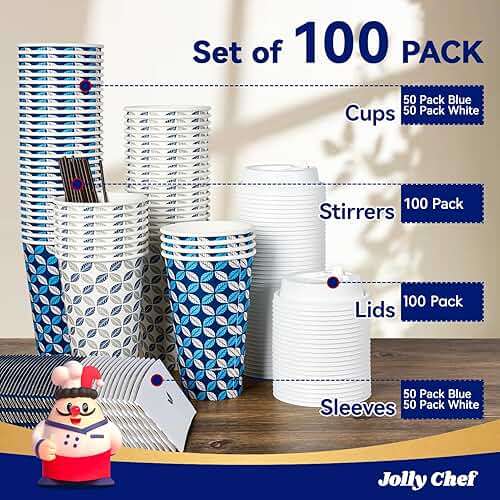 JOLLY CHEF 16 oz Coffee Cups with Lids 100 Pack, Disposable Hot Paper Coffee Cups with Lids, Sleeves and Stirrers for Christmas, Thanksgiving, Party - Image 6