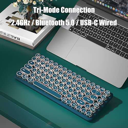 TISHLED Typewriter Keyboard Wireless 2.4GHz/Bluetooth/USB-C Wired Mechanical Gaming Keyboard Warm White LED Backlit 84-Key NKRO Hot Swappable Green Switches Retro Round Keycaps for Multi-Device - Image 2