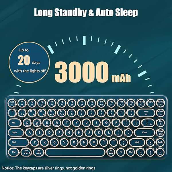 TISHLED Typewriter Keyboard Wireless 2.4GHz/Bluetooth/USB-C Wired Mechanical Gaming Keyboard Warm White LED Backlit 84-Key NKRO Hot Swappable Green Switches Retro Round Keycaps for Multi-Device - Image 6
