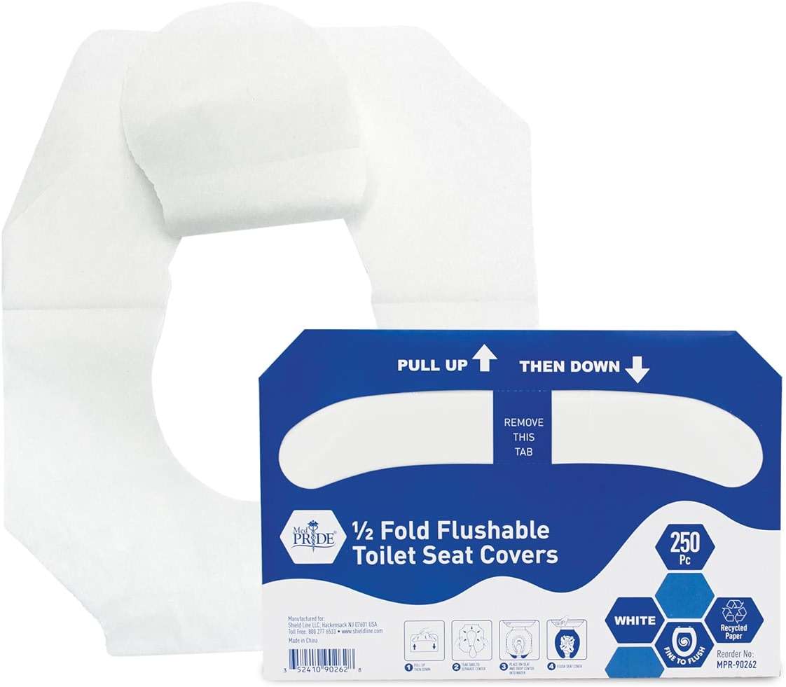 MED PRIDE Eco-Friendly Bathroom Protector Sheets - Septic Safe-Disposable Toilet Seat Covers [Pack of 250] - Flushable Toilet Seat Covers For Travel & Public Restrooms- White half-fold liners - Image 1
