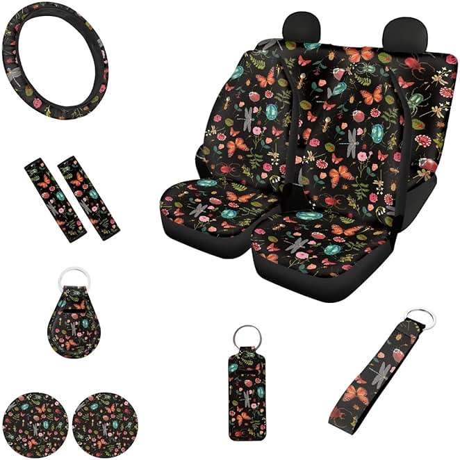 FUIBENG Wild Forest Daisy Auto Seat Covers with Cute Animal,12 Pcs Full Set Car Front Split Bench Seat Covers+Elastic Steering Wheel Wrap+Safety Seatbelt Pad+Key Chain Sets for Women Men - Image 1