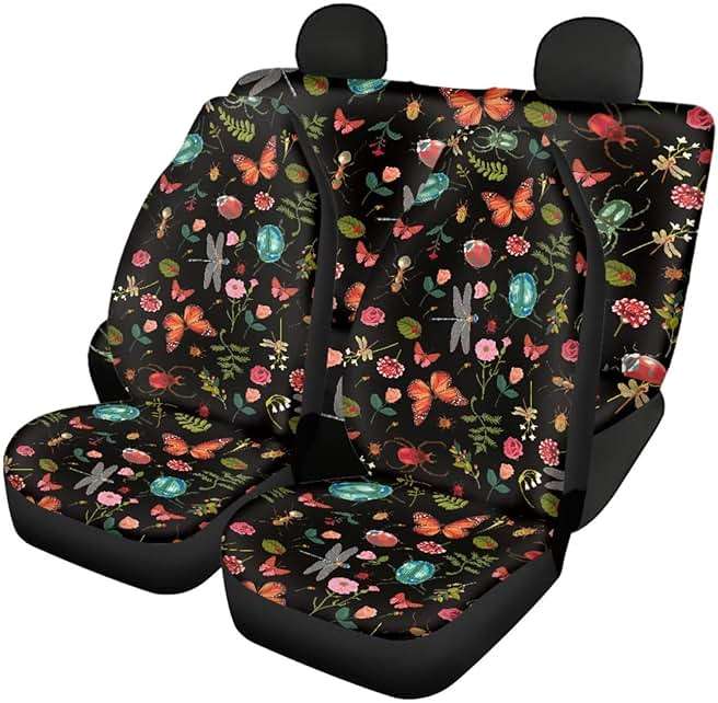 FUIBENG Wild Forest Daisy Auto Seat Covers with Cute Animal,12 Pcs Full Set Car Front Split Bench Seat Covers+Elastic Steering Wheel Wrap+Safety Seatbelt Pad+Key Chain Sets for Women Men - Image 2