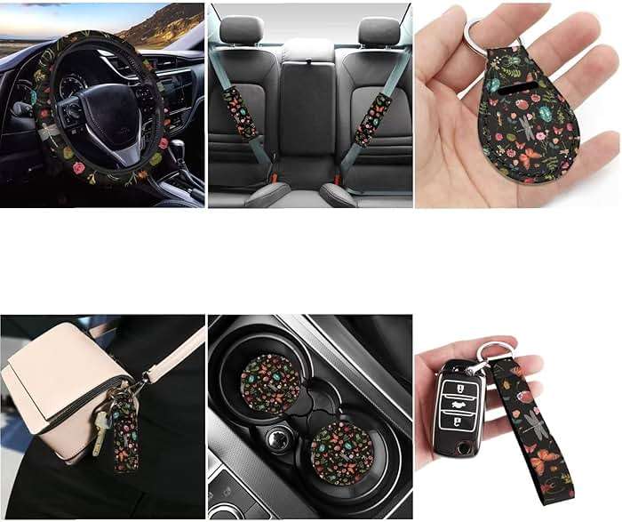 FUIBENG Wild Forest Daisy Auto Seat Covers with Cute Animal,12 Pcs Full Set Car Front Split Bench Seat Covers+Elastic Steering Wheel Wrap+Safety Seatbelt Pad+Key Chain Sets for Women Men - Image 4