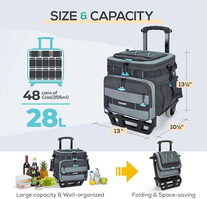 TOURIT Collapsible Cooler with Wheels, Insulated Rolling Cooler with All-Terrain Cart, Waterproof Soft Sided Cooler Bag for Beach, Picnic, Camping, Shopping, Travel - Image 2