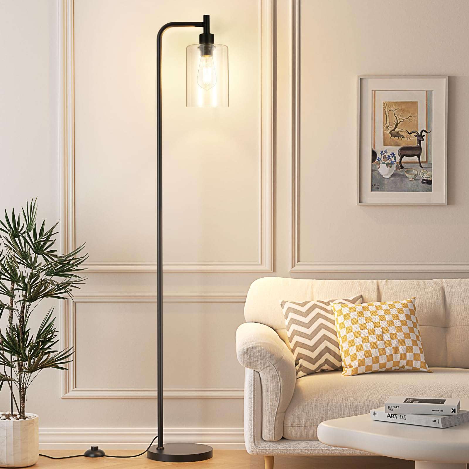 Ziisee Industrial Floor Lamp with Glass Shade - Black, LED Bulbs, Foot Pedal Switch, Easy Assembly - Image 1