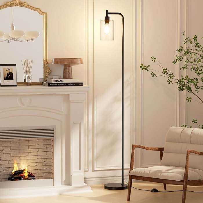 Ziisee Industrial Floor Lamp with Glass Shade - Black, LED Bulbs, Foot Pedal Switch, Easy Assembly - Image 2