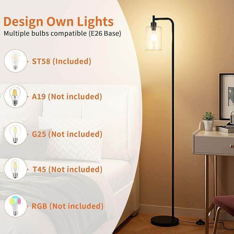 Ziisee Industrial Floor Lamp with Glass Shade - Black, LED Bulbs, Foot Pedal Switch, Easy Assembly - Image 3
