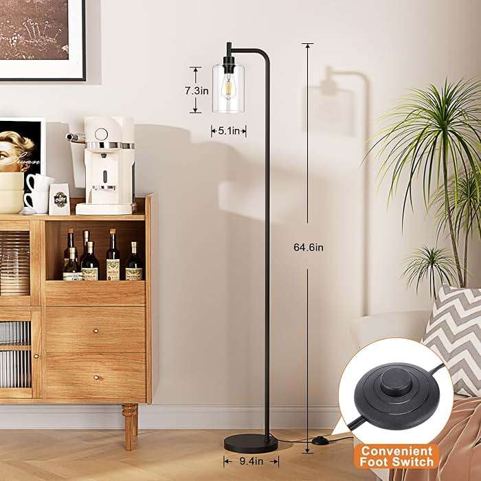Ziisee Industrial Floor Lamp with Glass Shade - Black, LED Bulbs, Foot Pedal Switch, Easy Assembly - Image 6