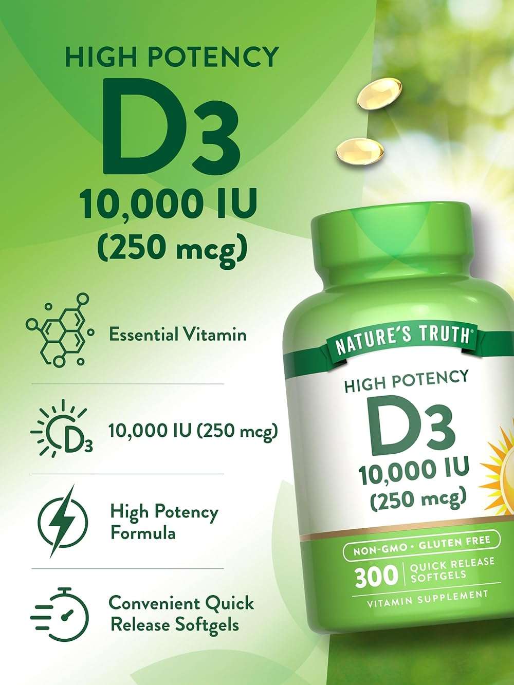Nature's Truth Vitamin D3 10000 IU Softgels | 300 Count | Extra Strength | Non-GMO & Gluten Free Supplement - Image 5