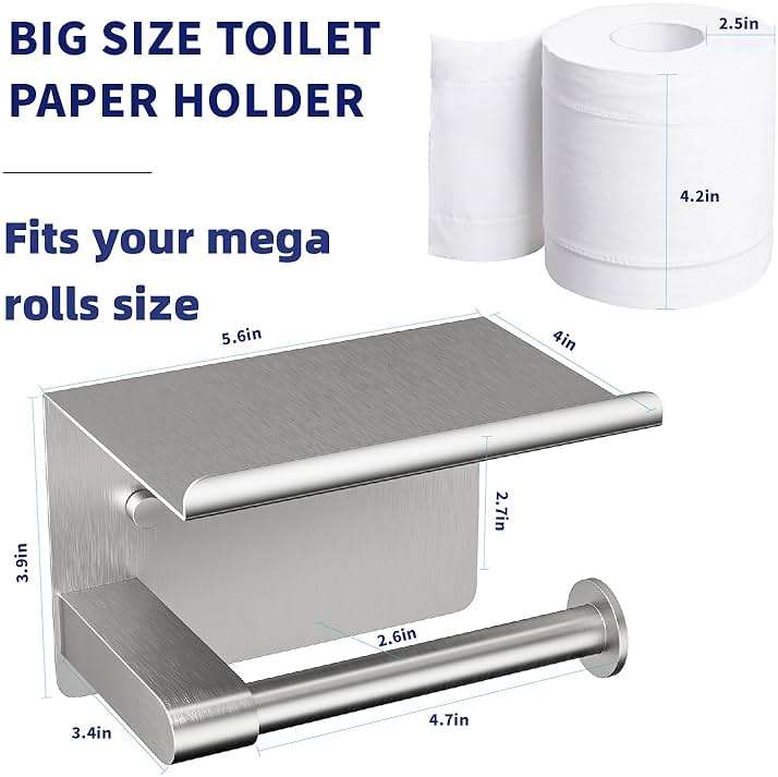 GLNLQ Brushed Nickel Toilet Paper Holder Wall Mount, Fits Mega Rolls Size Sliver Toilet Paper Holder with Shelf, Rustproof Stainless Steel Toilet Paper Roll Holder, Toilet Tissue Holder for Bathroom - Image 2