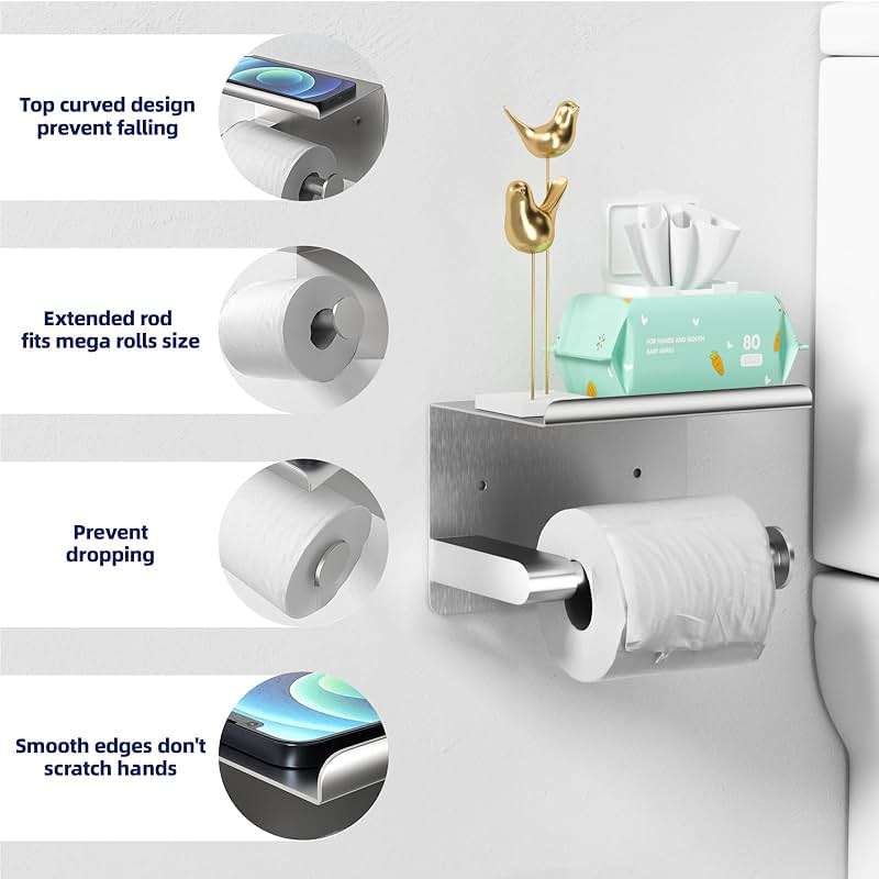 GLNLQ Brushed Nickel Toilet Paper Holder Wall Mount, Fits Mega Rolls Size Sliver Toilet Paper Holder with Shelf, Rustproof Stainless Steel Toilet Paper Roll Holder, Toilet Tissue Holder for Bathroom - Image 3
