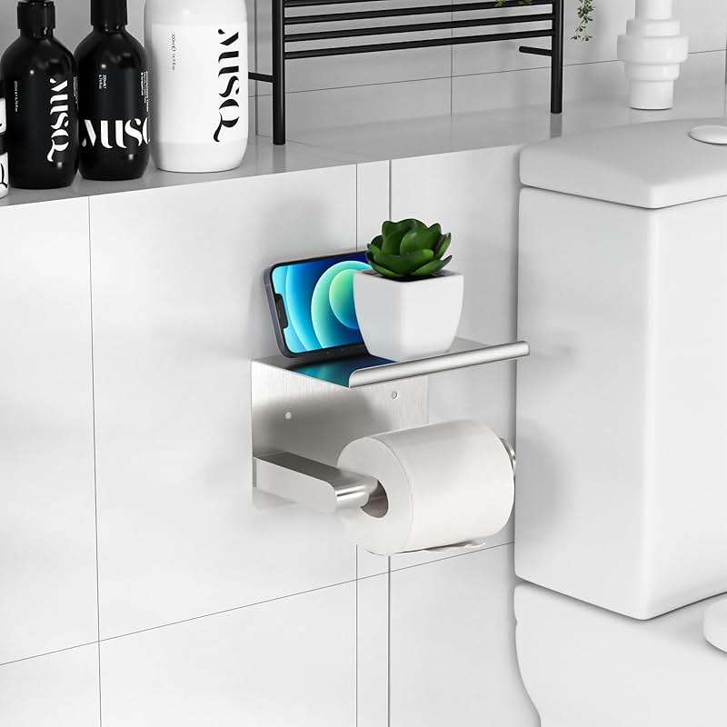 GLNLQ Brushed Nickel Toilet Paper Holder Wall Mount, Fits Mega Rolls Size Sliver Toilet Paper Holder with Shelf, Rustproof Stainless Steel Toilet Paper Roll Holder, Toilet Tissue Holder for Bathroom - Image 6