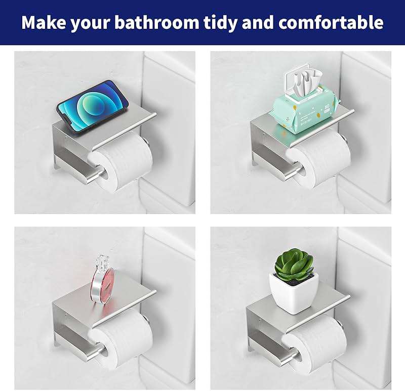 GLNLQ Brushed Nickel Toilet Paper Holder Wall Mount, Fits Mega Rolls Size Sliver Toilet Paper Holder with Shelf, Rustproof Stainless Steel Toilet Paper Roll Holder, Toilet Tissue Holder for Bathroom - Image 7