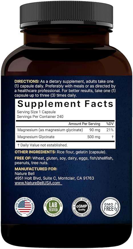 Naturebell Pure Magnesium Glycinate 500mg, 240 Veggie Capsules | 100% Chelated & Purified – 3rd Party Tested | Support Stress Relief, Sleep, Heart Health, Nerves, Muscles, and Metabolism* - Image 7