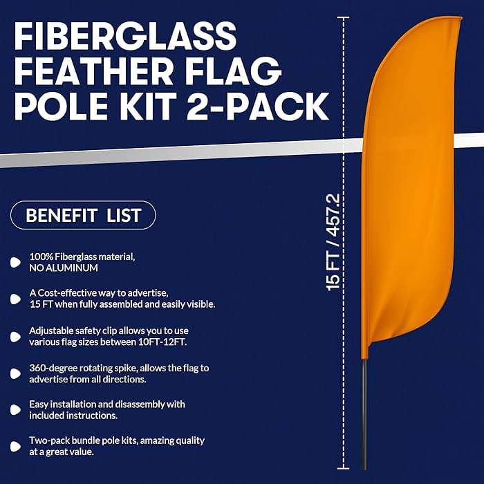 KLEXORE & CO Feather Flag Pole Kit 15ft Tall 2 Pack Fits 8-9ft & 11-12ft Feather Flags ONLY 100% Fiberglass Heavy Duty Ground Spike for Business Advertising Swooper Flag Pole Kit - Image 2