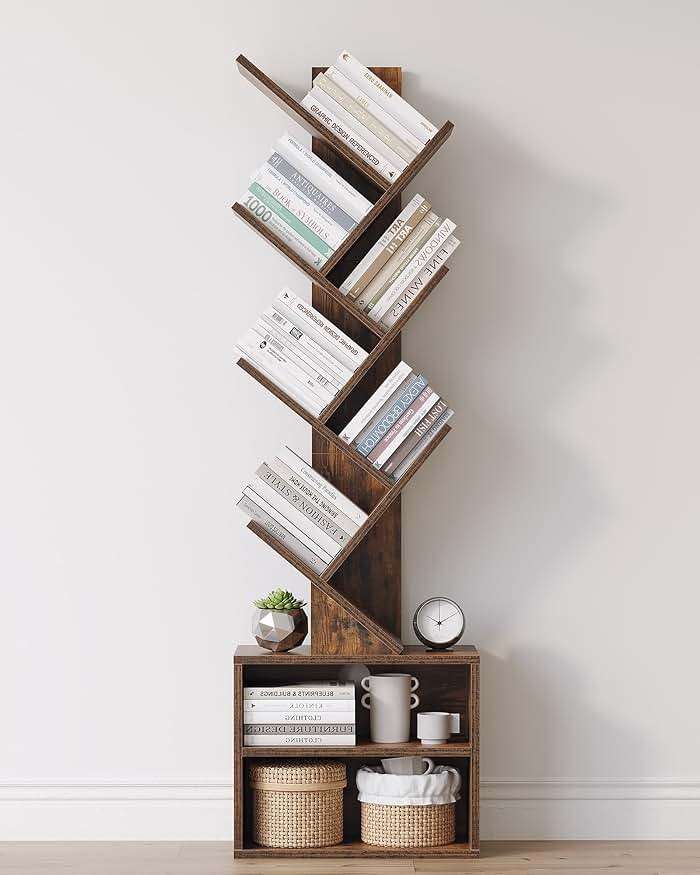 SUNMORY 6 Tier Tree Bookshelf, Small Bookcase with Storage Cabinet, Modern Tall Narrow Bookshelves Organizer, Floor Standing Book Shelf for Bedroom/Living Room/Home Office/Corner, Rustic Brown - Image 1