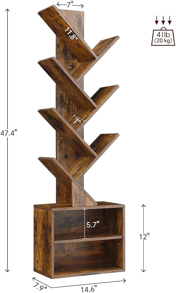 SUNMORY 6 Tier Tree Bookshelf, Small Bookcase with Storage Cabinet, Modern Tall Narrow Bookshelves Organizer, Floor Standing Book Shelf for Bedroom/Living Room/Home Office/Corner, Rustic Brown - Image 2