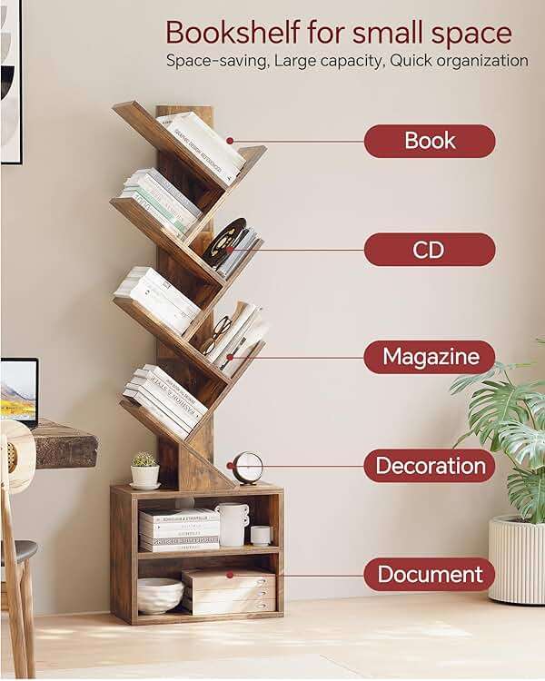 SUNMORY 6 Tier Tree Bookshelf, Small Bookcase with Storage Cabinet, Modern Tall Narrow Bookshelves Organizer, Floor Standing Book Shelf for Bedroom/Living Room/Home Office/Corner, Rustic Brown - Image 7