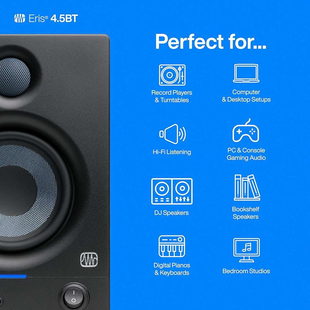 PreSonus Eris 4.5BT Bluetooth Studio Monitors, Pair — 4.5" Inch Powered Bookshelf Speakers, Stereo, Desktop Computer, Near Field Music Production, Audio Mixing Recording - Image 3