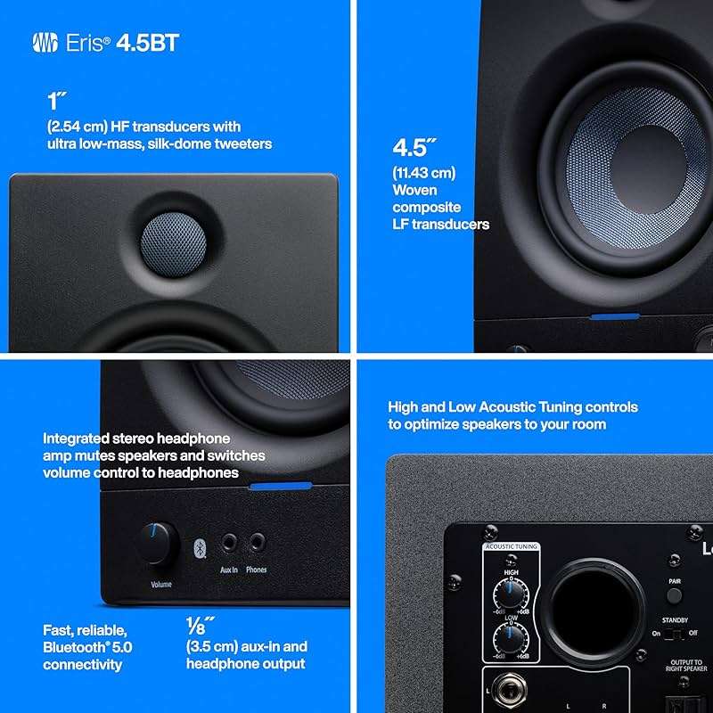PreSonus Eris 4.5BT Bluetooth Studio Monitors, Pair — 4.5" Inch Powered Bookshelf Speakers, Stereo, Desktop Computer, Near Field Music Production, Audio Mixing Recording - Image 4