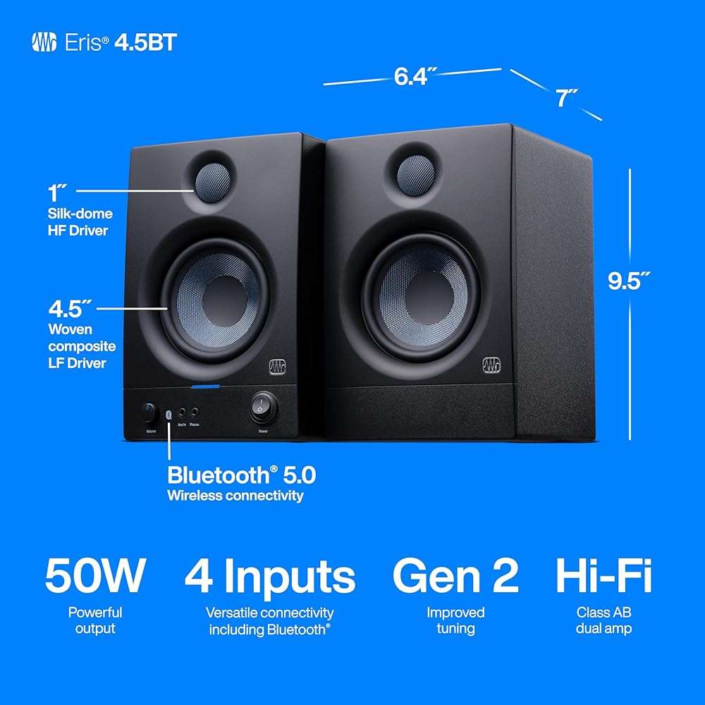 PreSonus Eris 4.5BT Bluetooth Studio Monitors, Pair — 4.5" Inch Powered Bookshelf Speakers, Stereo, Desktop Computer, Near Field Music Production, Audio Mixing Recording - Image 5