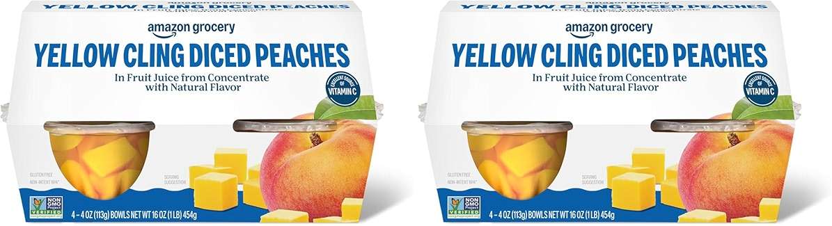 Amazon Fresh, Yellow Cling Diced Peaches in Fruit Juice, 4 Oz Bowls (Previously Happy Belly, Packaging May Vary) (Pack of 8) - Image 1