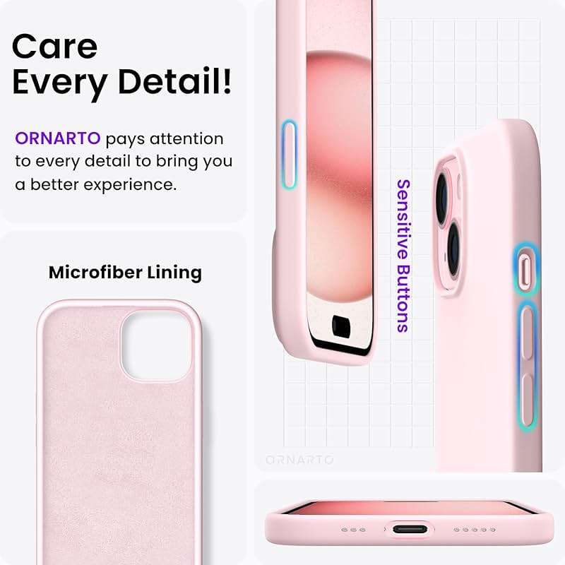 ORNARTO Compatible with iPhone 15 Case 6.1, Slim Liquid Silicone 3 Layers Full Covered Soft Gel Rubber Phone Case, Anti-Scratch Shockproof Protective Cover 6.1 Inch, Chalk Pink - Image 5