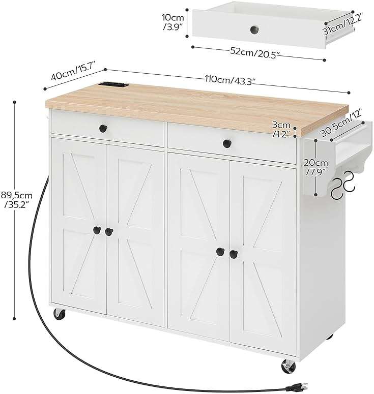 HOOBRO Kitchen Island with Power Outlet, Rolling Kitchen Island with Storage, Kitchen Island Cart with Spice Rack and Hooks, for Dining, Living Room, White and Natural WN11UZD01 - Image 2
