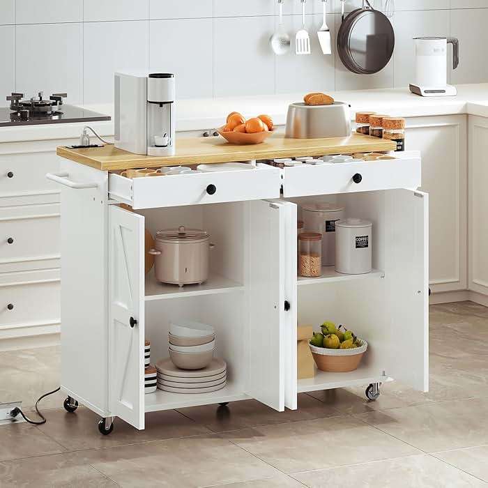 HOOBRO Kitchen Island with Power Outlet, Rolling Kitchen Island with Storage, Kitchen Island Cart with Spice Rack and Hooks, for Dining, Living Room, White and Natural WN11UZD01 - Image 3