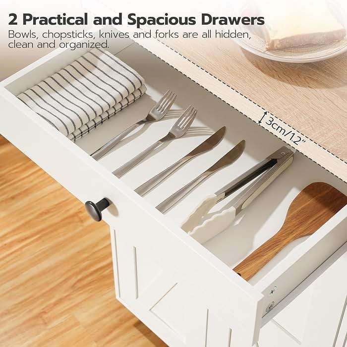 HOOBRO Kitchen Island with Power Outlet, Rolling Kitchen Island with Storage, Kitchen Island Cart with Spice Rack and Hooks, for Dining, Living Room, White and Natural WN11UZD01 - Image 4