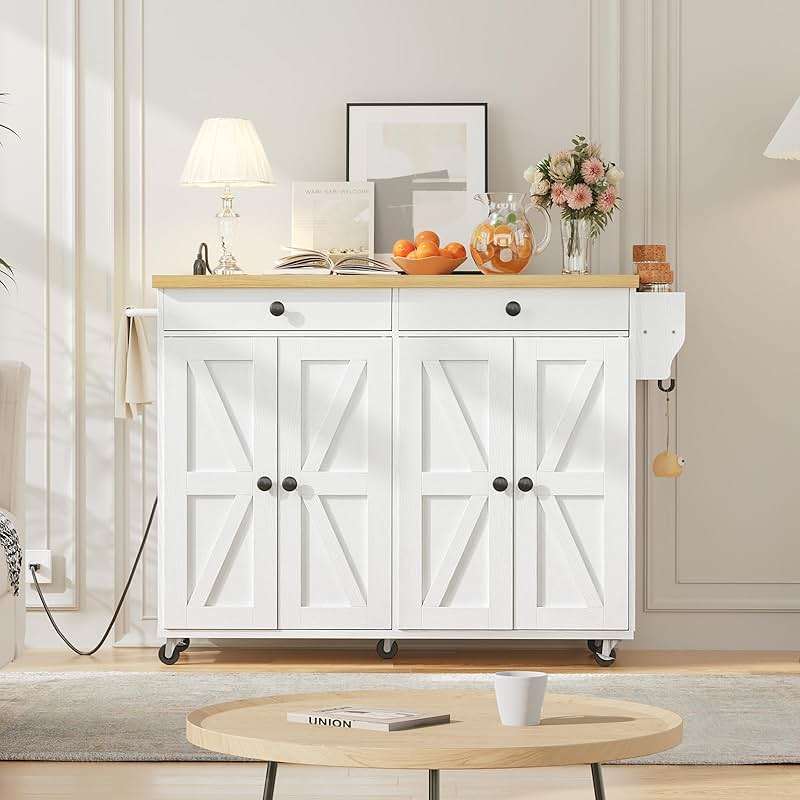 HOOBRO Kitchen Island with Power Outlet, Rolling Kitchen Island with Storage, Kitchen Island Cart with Spice Rack and Hooks, for Dining, Living Room, White and Natural WN11UZD01 - Image 6