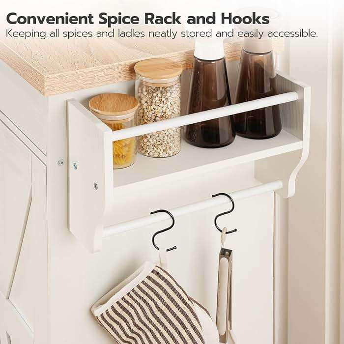 HOOBRO Kitchen Island with Power Outlet, Rolling Kitchen Island with Storage, Kitchen Island Cart with Spice Rack and Hooks, for Dining, Living Room, White and Natural WN11UZD01 - Image 7