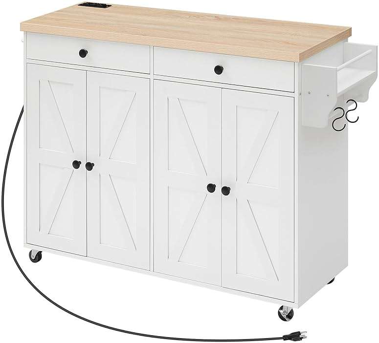 HOOBRO Kitchen Island with Power Outlet, Rolling Kitchen Island with Storage, Kitchen Island Cart with Spice Rack and Hooks, for Dining, Living Room, White and Natural WN11UZD01 - Image 9