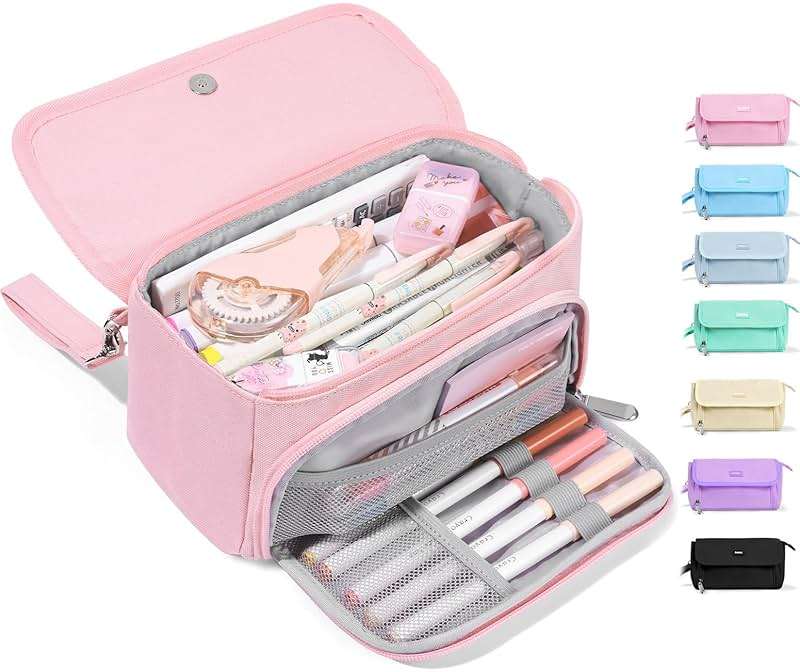Sooez Super Large Pencil Case, Big Capacity Pencil Bag with 3 Compartments, Hold 200 pencils, Cute Pencil Pouch with Zipper, Portable Stationery Pen Bag, Aesthetic School Supplies For Girls, Pink - Image 1