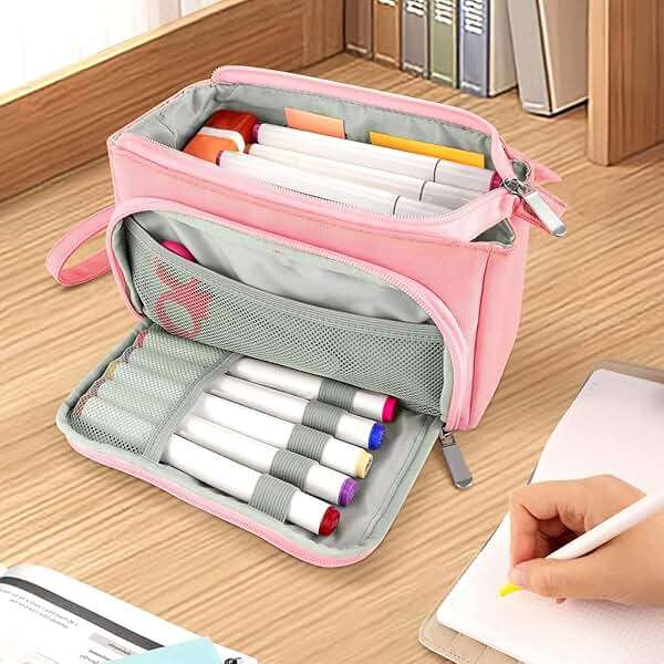 Sooez Super Large Pencil Case, Big Capacity Pencil Bag with 3 Compartments, Hold 200 pencils, Cute Pencil Pouch with Zipper, Portable Stationery Pen Bag, Aesthetic School Supplies For Girls, Pink - Image 2