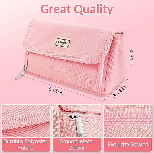 Sooez Super Large Pencil Case, Big Capacity Pencil Bag with 3 Compartments, Hold 200 pencils, Cute Pencil Pouch with Zipper, Portable Stationery Pen Bag, Aesthetic School Supplies For Girls, Pink - Image 3