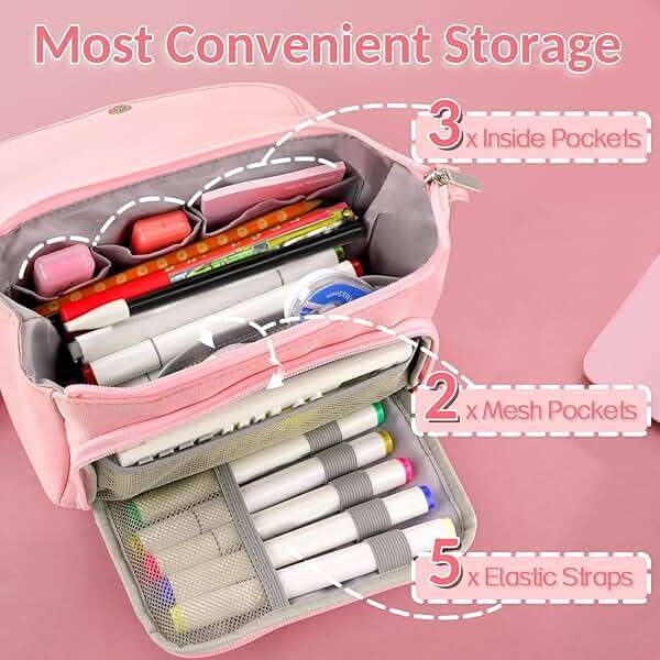 Sooez Super Large Pencil Case, Big Capacity Pencil Bag with 3 Compartments, Hold 200 pencils, Cute Pencil Pouch with Zipper, Portable Stationery Pen Bag, Aesthetic School Supplies For Girls, Pink - Image 5